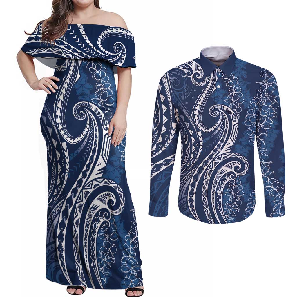 Polynesia Plumeria Lei Couples Matching Off Shoulder Maxi Dress and Long Sleeve Button Shirt Navy Blue Curves Motif LT7 Navy Blue - Polynesian Pride
