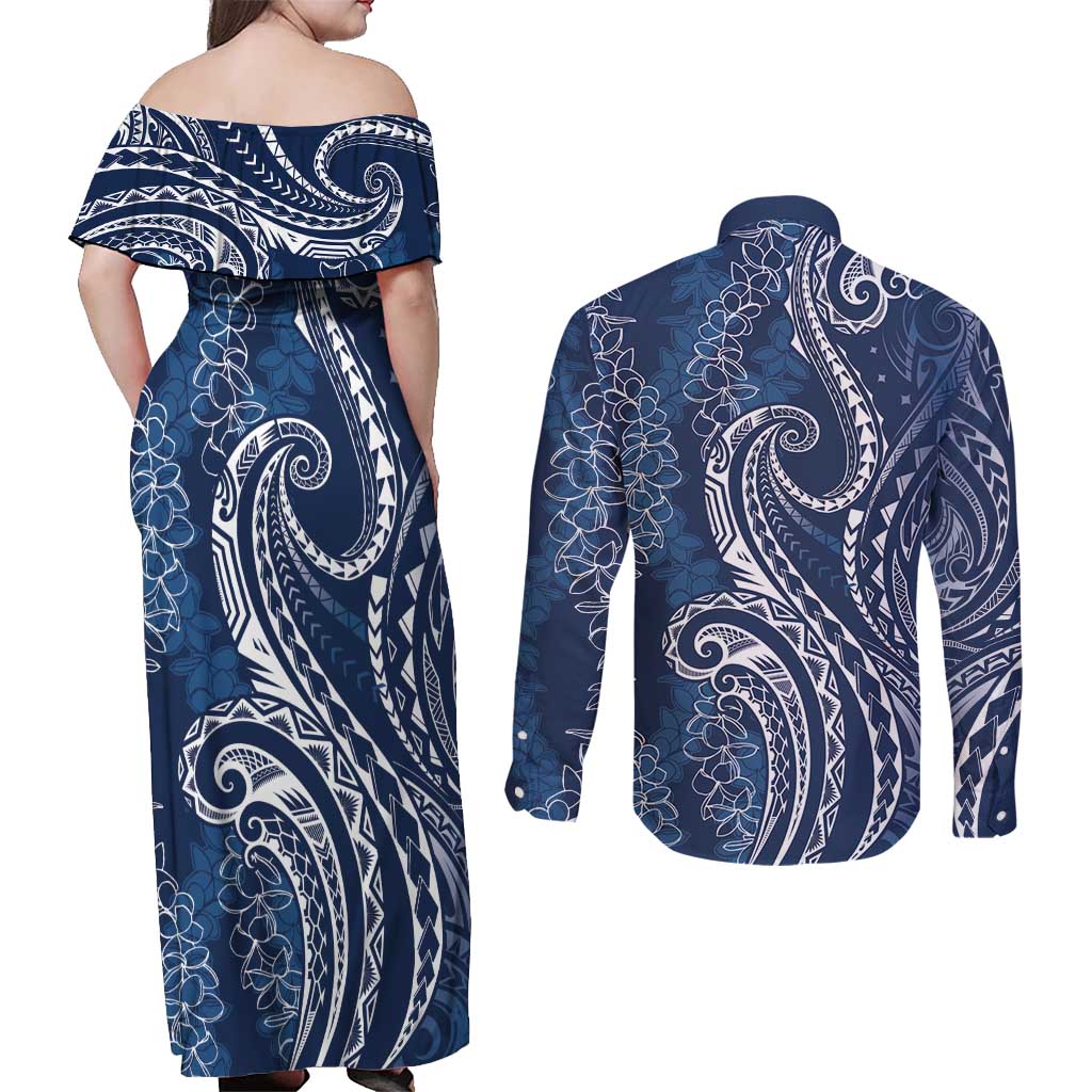 Polynesia Plumeria Lei Couples Matching Off Shoulder Maxi Dress and Long Sleeve Button Shirt Navy Blue Curves Motif LT7 - Polynesian Pride