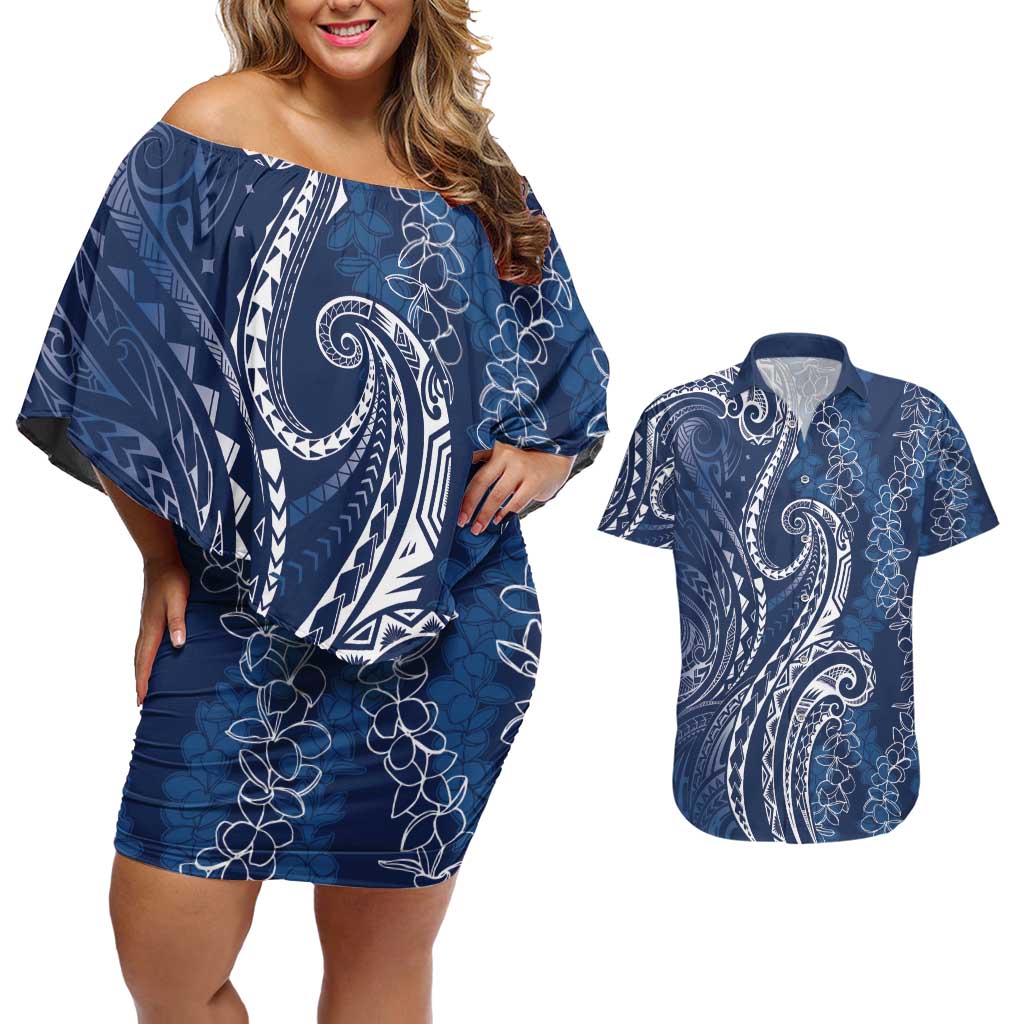 Polynesia Plumeria Lei Couples Matching Off Shoulder Short Dress and Hawaiian Shirt Navy Blue Curves Motif