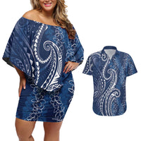 Polynesia Plumeria Lei Couples Matching Off Shoulder Short Dress and Hawaiian Shirt Navy Blue Curves Motif