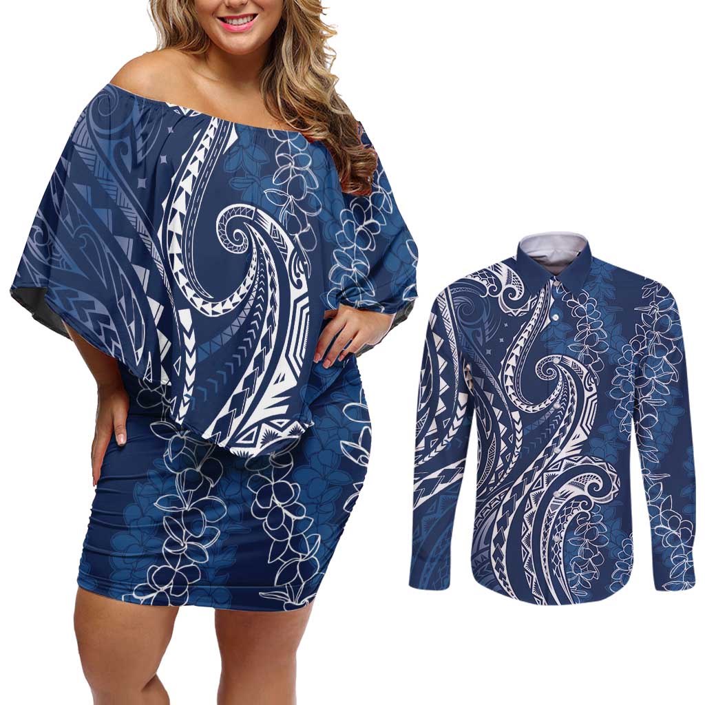 Polynesia Plumeria Lei Couples Matching Off Shoulder Short Dress and Long Sleeve Button Shirt Navy Blue Curves Motif