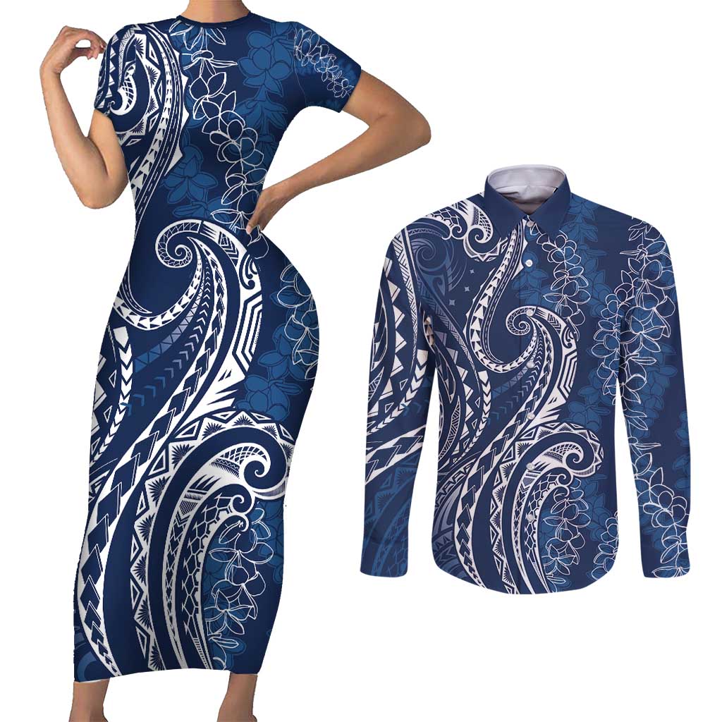 Polynesia Plumeria Lei Couples Matching Short Sleeve Bodycon Dress and Long Sleeve Button Shirt Navy Blue Curves Motif