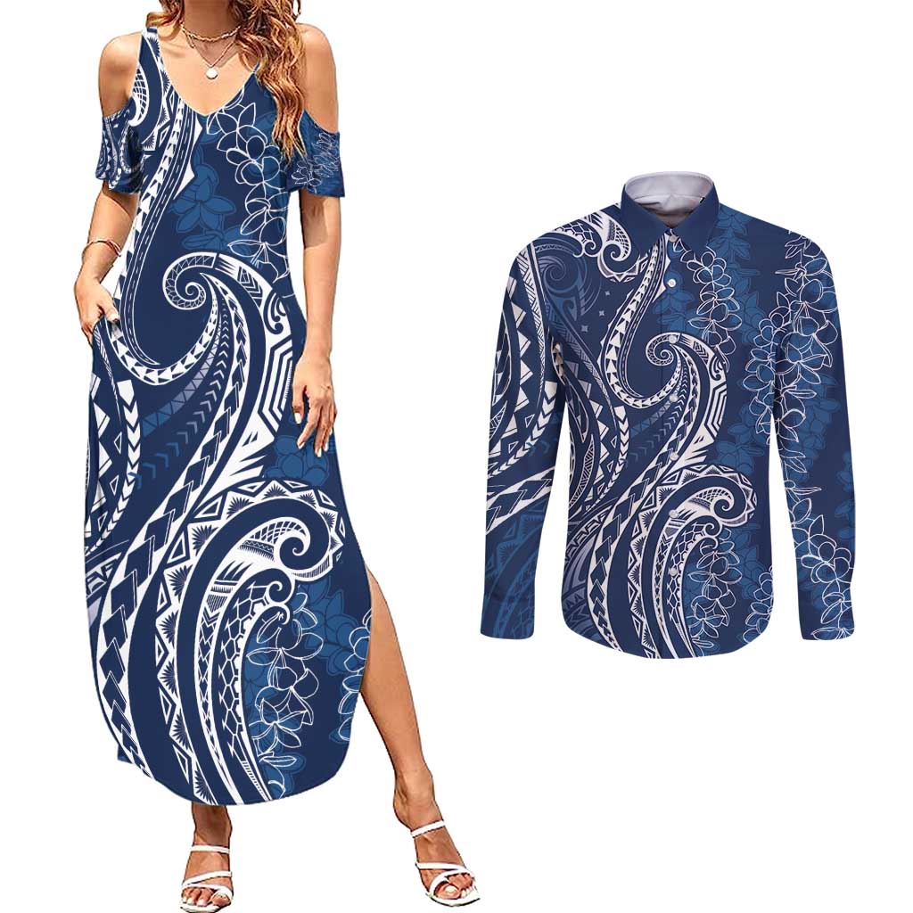 Polynesia Plumeria Lei Couples Matching Summer Maxi Dress and Long Sleeve Button Shirt Navy Blue Curves Motif