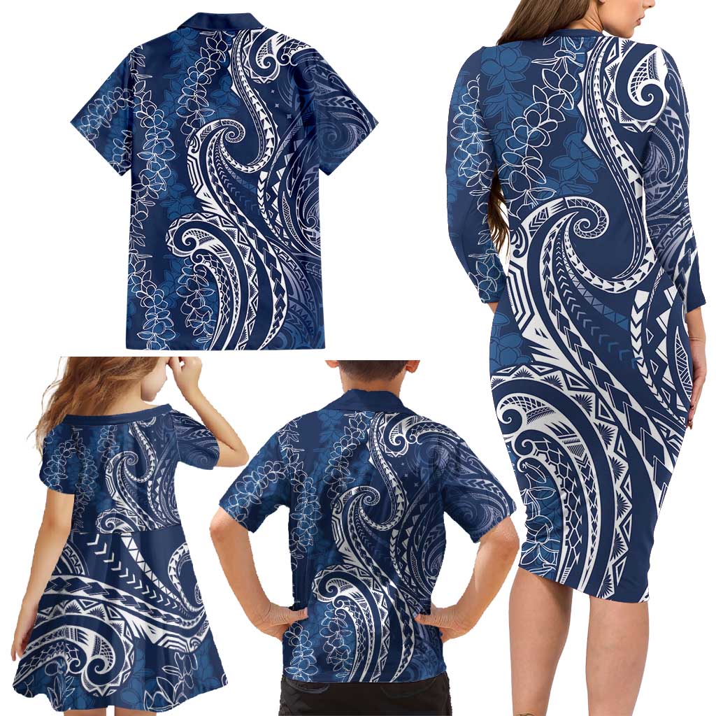 Polynesia Plumeria Lei Family Matching Long Sleeve Bodycon Dress and Hawaiian Shirt Navy Blue Curves Motif