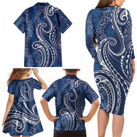 Polynesia Plumeria Lei Family Matching Long Sleeve Bodycon Dress and Hawaiian Shirt Navy Blue Curves Motif
