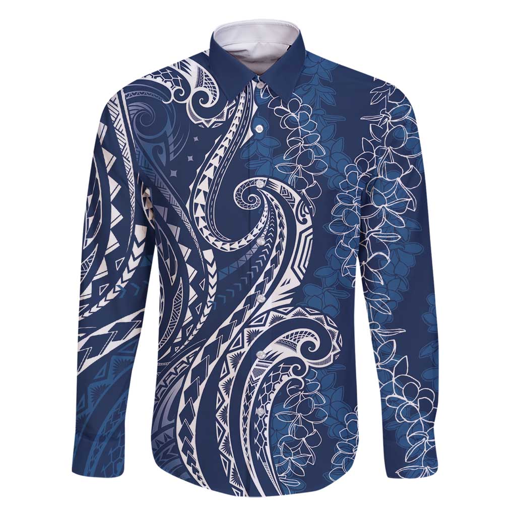 Polynesia Plumeria Lei Family Matching Long Sleeve Bodycon Dress and Hawaiian Shirt Navy Blue Curves Motif