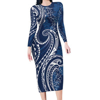 Polynesia Plumeria Lei Family Matching Long Sleeve Bodycon Dress and Hawaiian Shirt Navy Blue Curves Motif