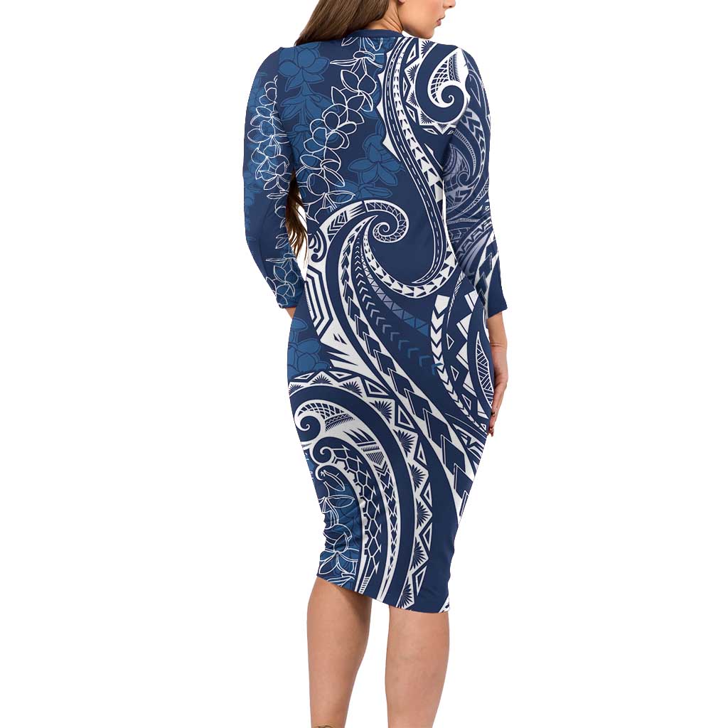 Polynesia Plumeria Lei Family Matching Long Sleeve Bodycon Dress and Hawaiian Shirt Navy Blue Curves Motif