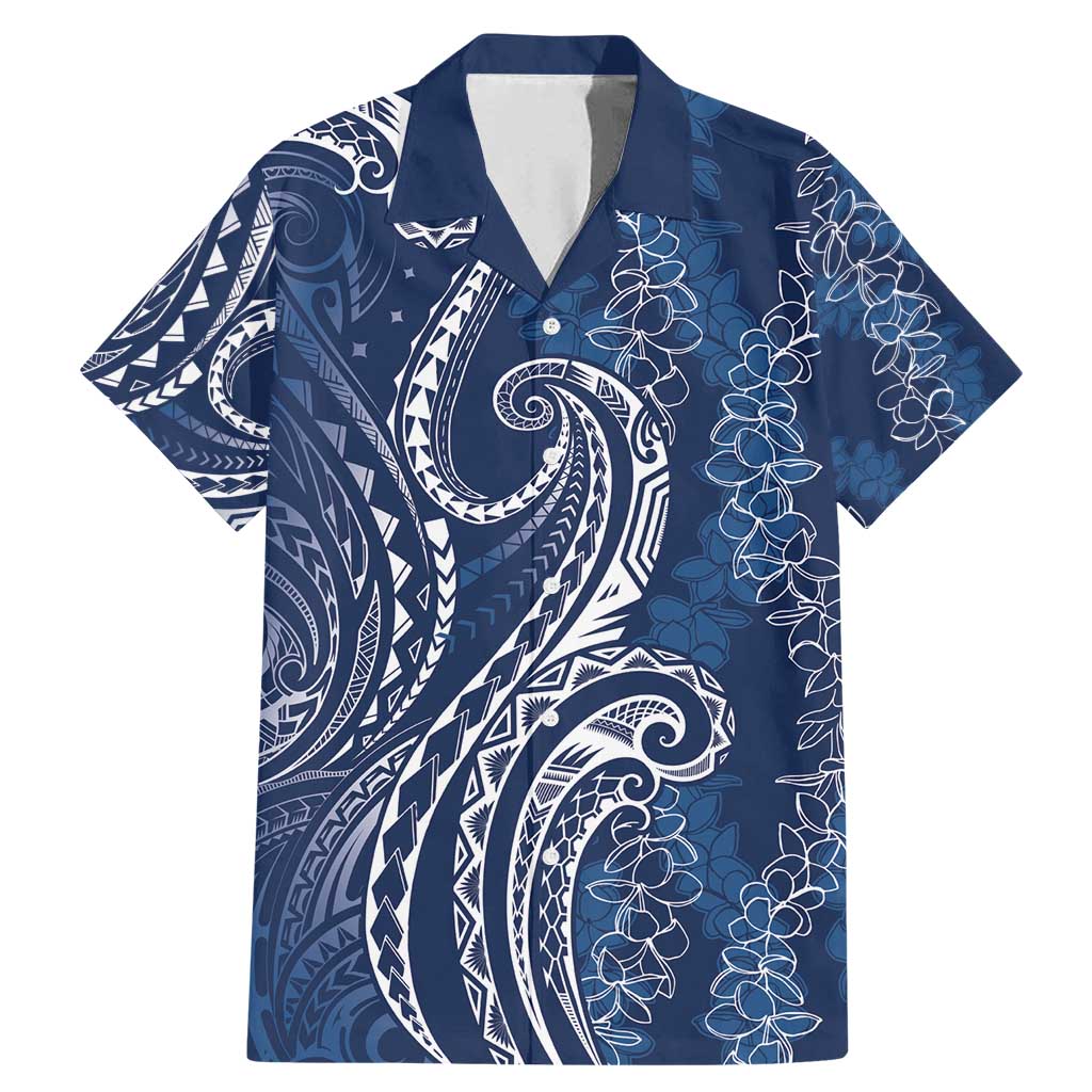 Polynesia Plumeria Lei Family Matching Mermaid Dress and Hawaiian Shirt Navy Blue Curves Motif