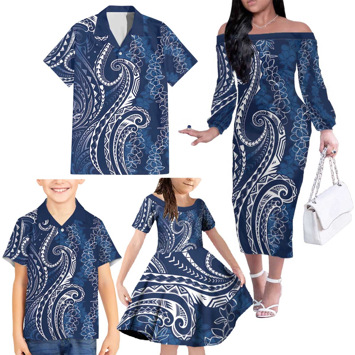 Polynesia Plumeria Lei Family Matching Off The Shoulder Long Sleeve Dress and Hawaiian Shirt Navy Blue Curves Motif