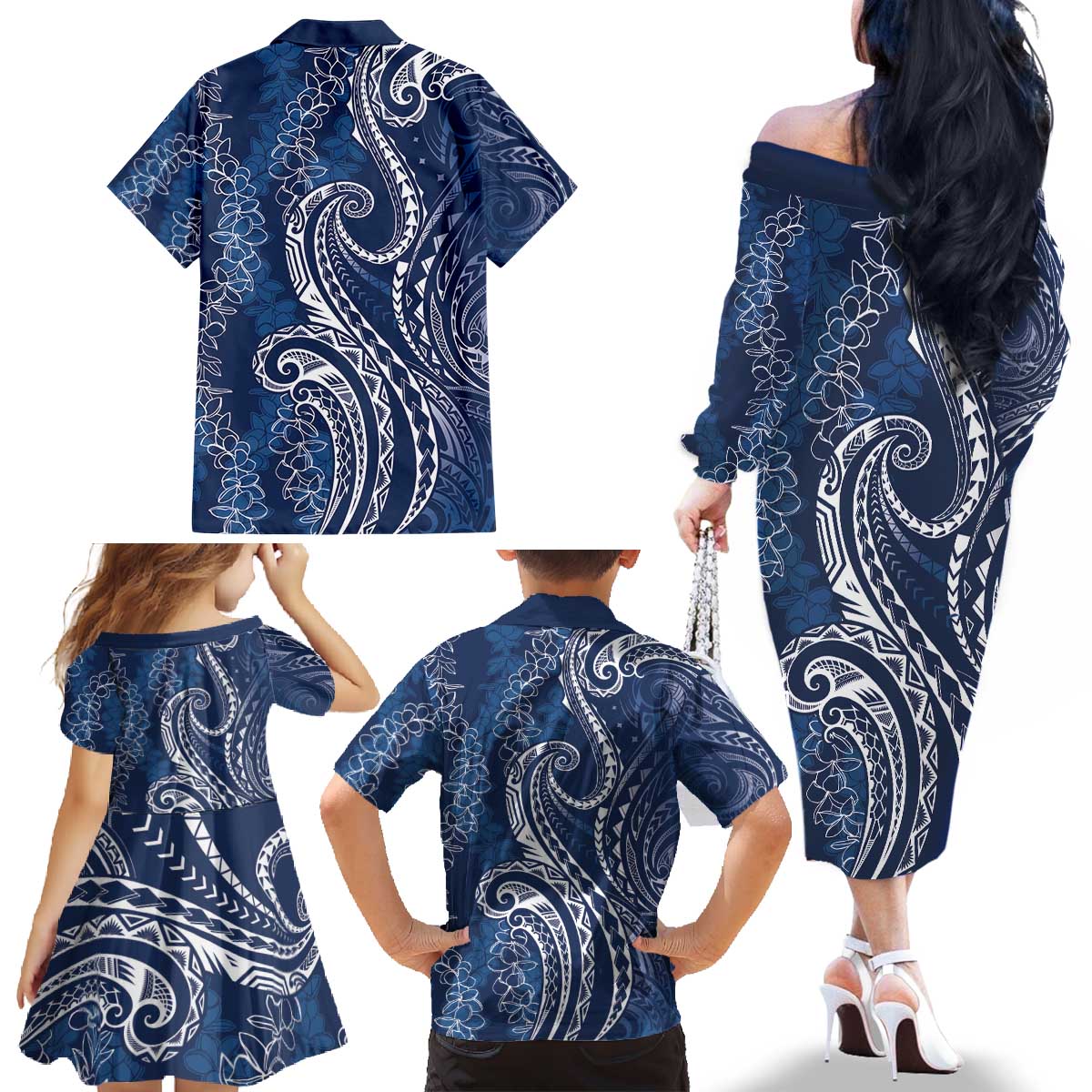 Polynesia Plumeria Lei Family Matching Off The Shoulder Long Sleeve Dress and Hawaiian Shirt Navy Blue Curves Motif