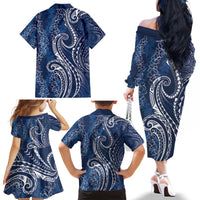 Polynesia Plumeria Lei Family Matching Off The Shoulder Long Sleeve Dress and Hawaiian Shirt Navy Blue Curves Motif