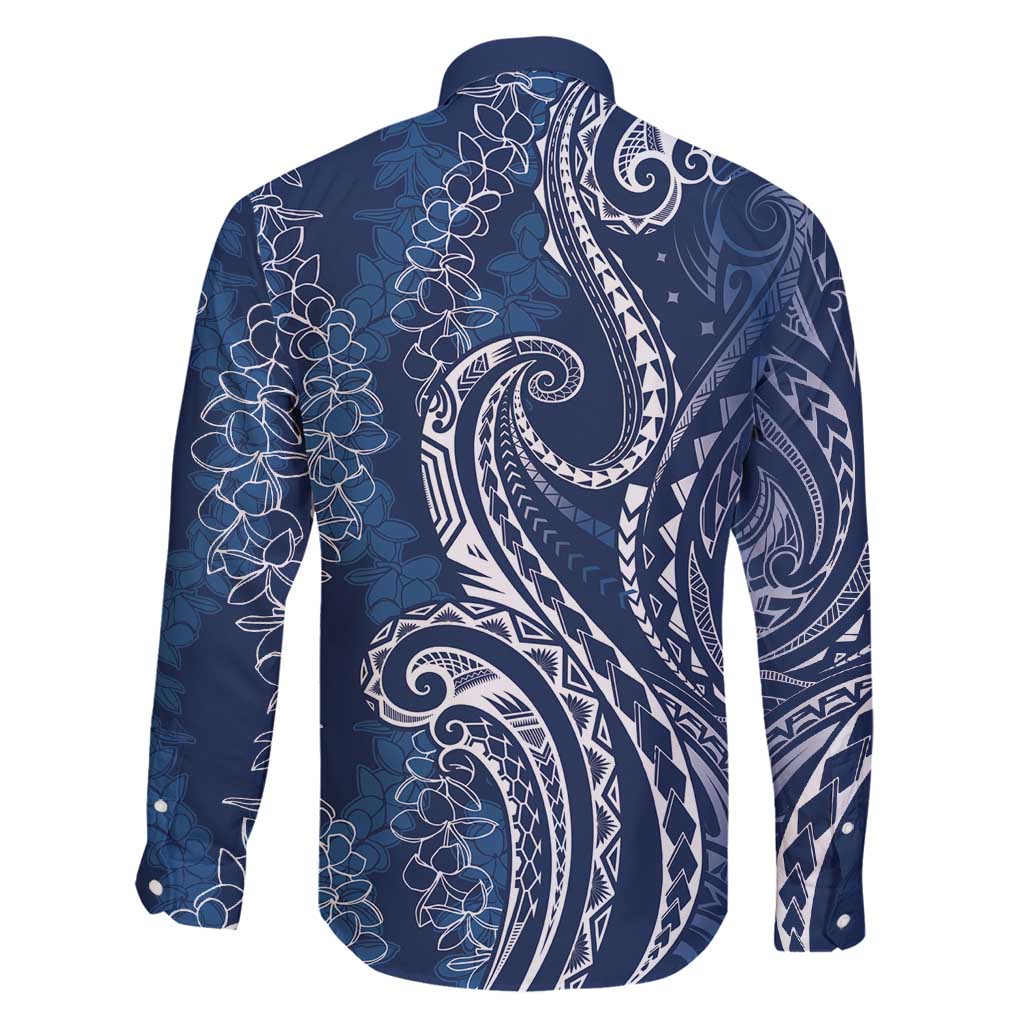 Polynesia Plumeria Lei Family Matching Off Shoulder Maxi Dress and Hawaiian Shirt Navy Blue Curves Motif