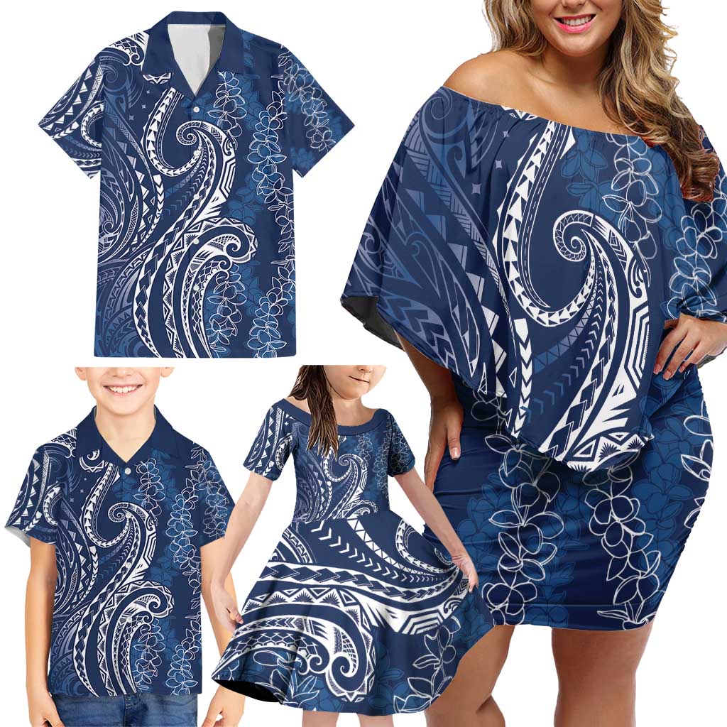 Polynesia Plumeria Lei Family Matching Off Shoulder Short Dress and Hawaiian Shirt Navy Blue Curves Motif