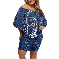 Polynesia Plumeria Lei Family Matching Off Shoulder Short Dress and Hawaiian Shirt Navy Blue Curves Motif
