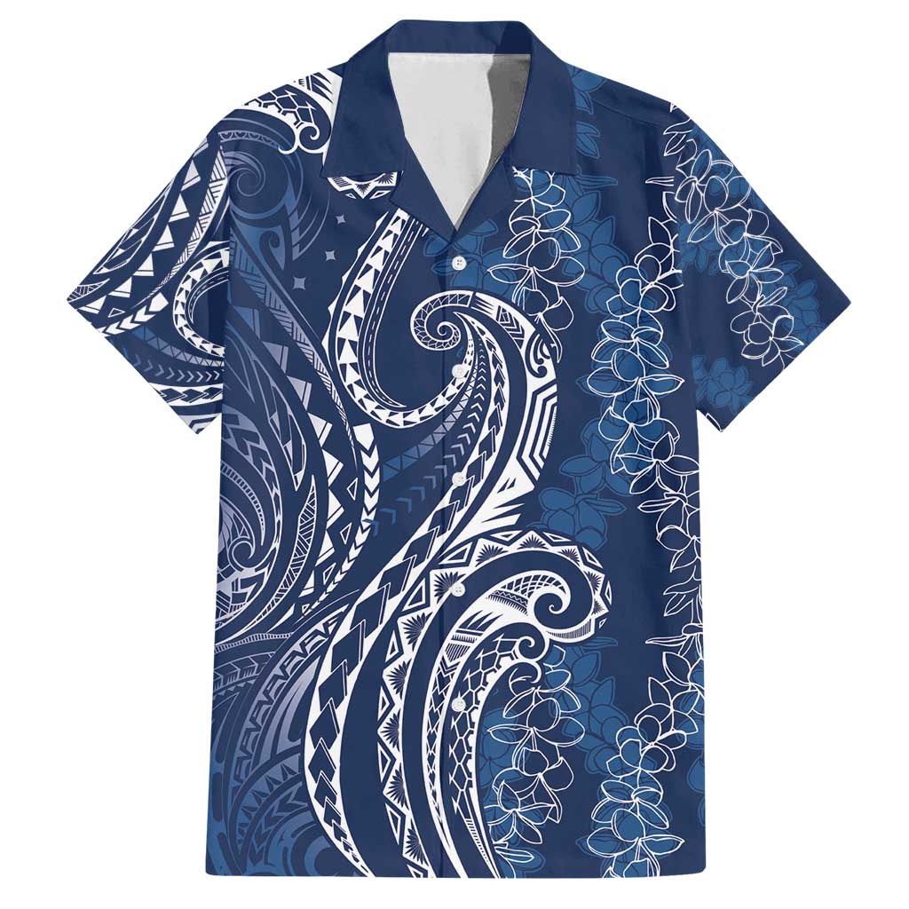 Polynesia Plumeria Lei Family Matching Puletasi and Hawaiian Shirt Navy Blue Curves Motif