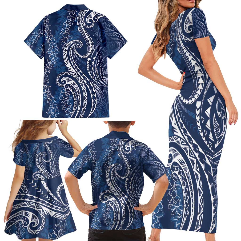 Polynesia Plumeria Lei Family Matching Short Sleeve Bodycon Dress and Hawaiian Shirt Navy Blue Curves Motif