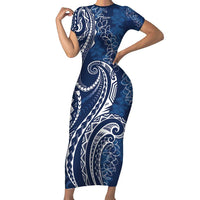 Polynesia Plumeria Lei Family Matching Short Sleeve Bodycon Dress and Hawaiian Shirt Navy Blue Curves Motif