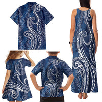 Polynesia Plumeria Lei Family Matching Tank Maxi Dress and Hawaiian Shirt Navy Blue Curves Motif