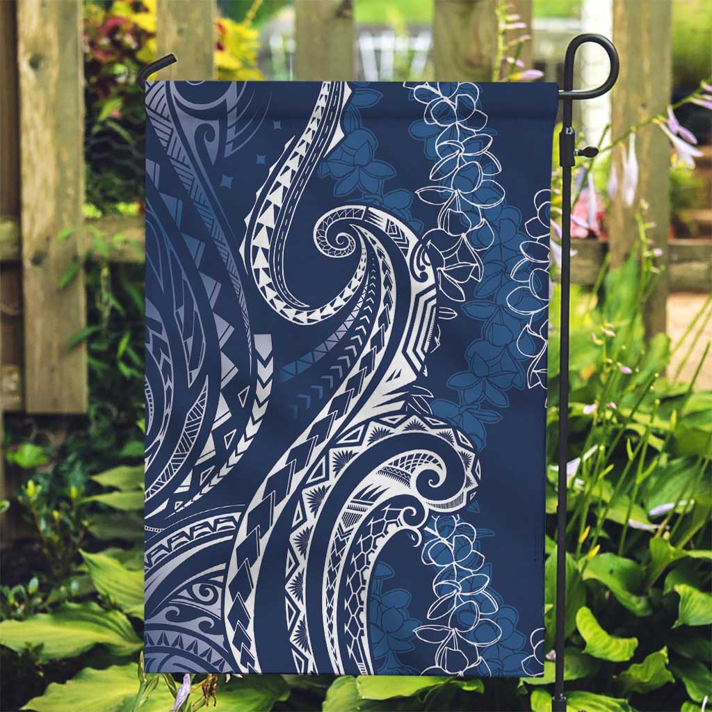Polynesia Plumeria Lei Garden Flag Navy Blue Curves Motif