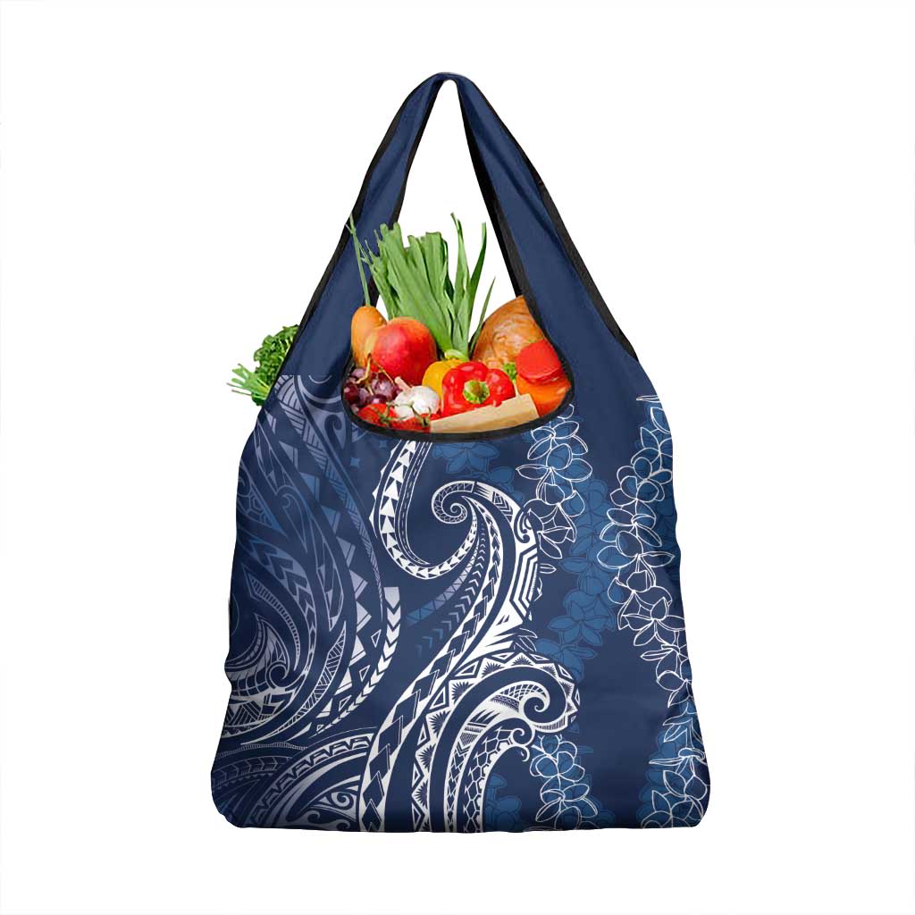 Polynesia Plumeria Lei Grocery Bag Navy Blue Curves Motif