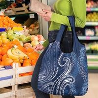 Polynesia Plumeria Lei Grocery Bag Navy Blue Curves Motif