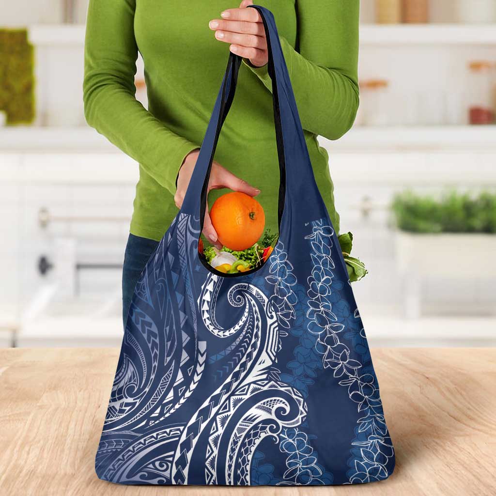 Polynesia Plumeria Lei Grocery Bag Navy Blue Curves Motif
