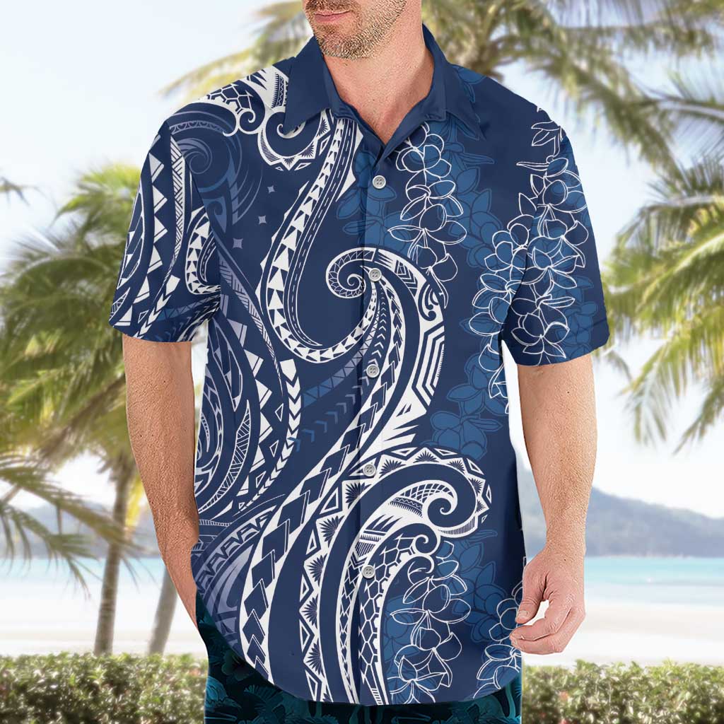 Polynesia Plumeria Lei Hawaiian Shirt Navy Blue Curves Motif