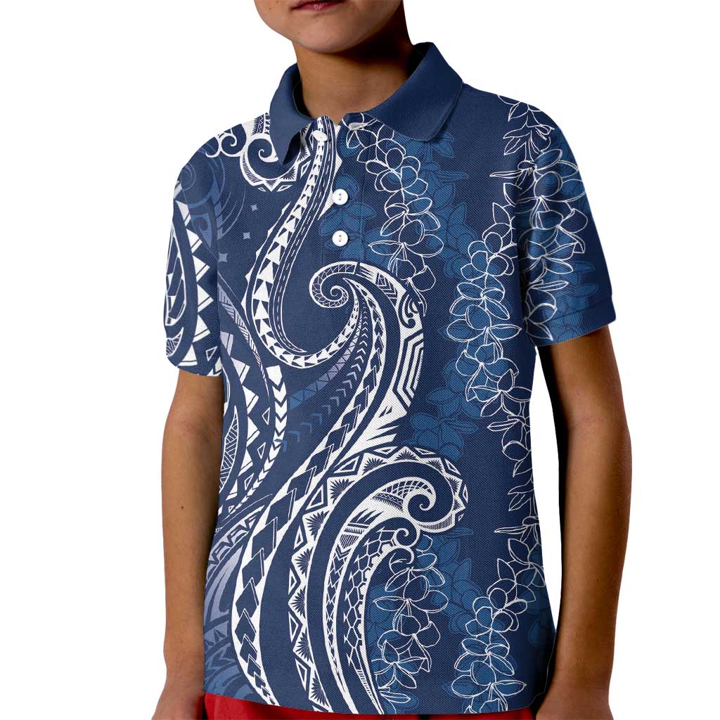 Polynesia Plumeria Lei Kid Polo Shirt Navy Blue Curves Motif LT7 Kid Navy Blue - Polynesian Pride