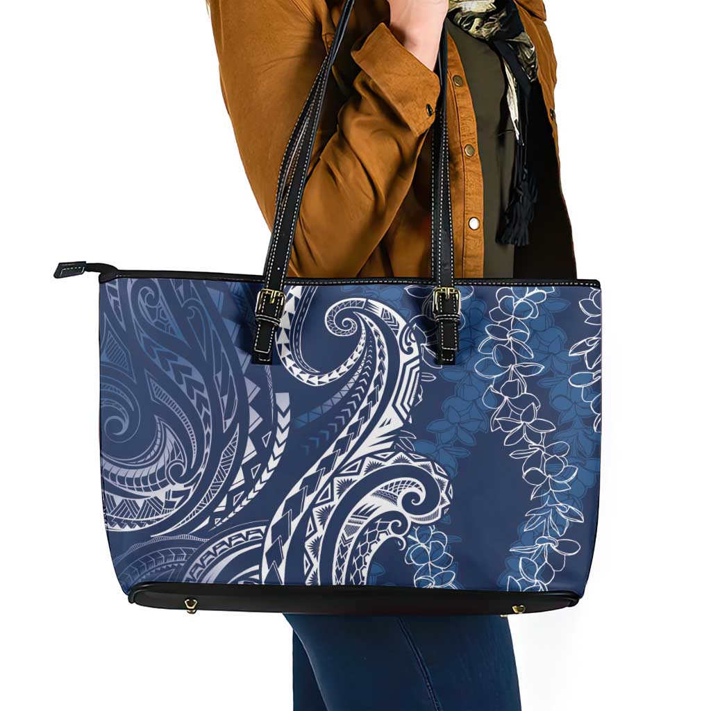 Polynesia Plumeria Lei Leather Tote Bag Navy Blue Curves Motif