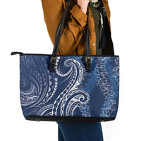 Polynesia Plumeria Lei Leather Tote Bag Navy Blue Curves Motif
