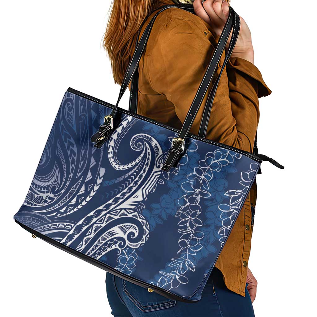 Polynesia Plumeria Lei Leather Tote Bag Navy Blue Curves Motif