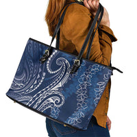 Polynesia Plumeria Lei Leather Tote Bag Navy Blue Curves Motif