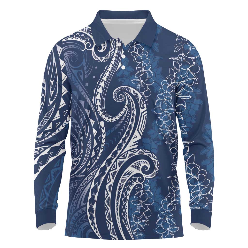 Polynesia Plumeria Lei Long Sleeve Polo Shirt Navy Blue Curves Motif LT7 Navy Blue - Polynesian Pride