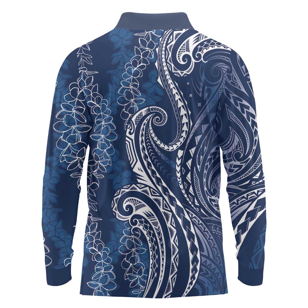Polynesia Plumeria Lei Long Sleeve Polo Shirt Navy Blue Curves Motif LT7 - Polynesian Pride