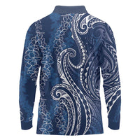 Polynesia Plumeria Lei Long Sleeve Polo Shirt Navy Blue Curves Motif LT7 - Polynesian Pride