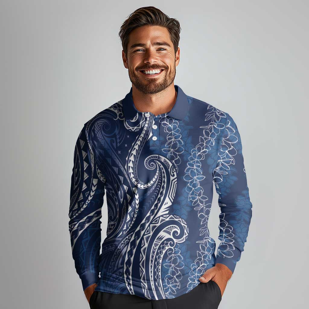 Polynesia Plumeria Lei Long Sleeve Polo Shirt Navy Blue Curves Motif LT7 - Polynesian Pride