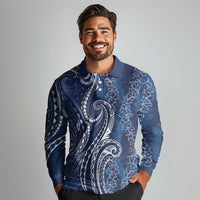 Polynesia Plumeria Lei Long Sleeve Polo Shirt Navy Blue Curves Motif LT7 - Polynesian Pride