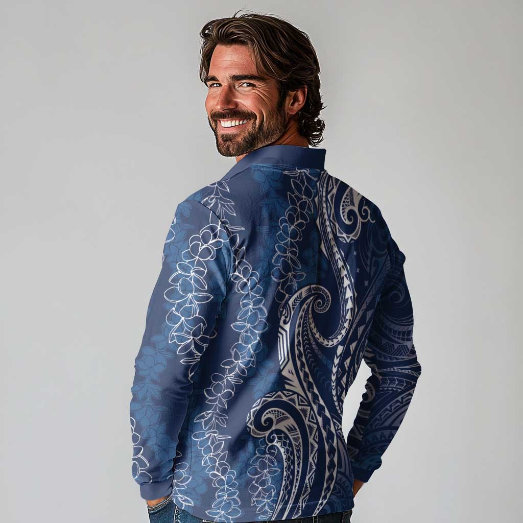 Polynesia Plumeria Lei Long Sleeve Polo Shirt Navy Blue Curves Motif LT7 - Polynesian Pride