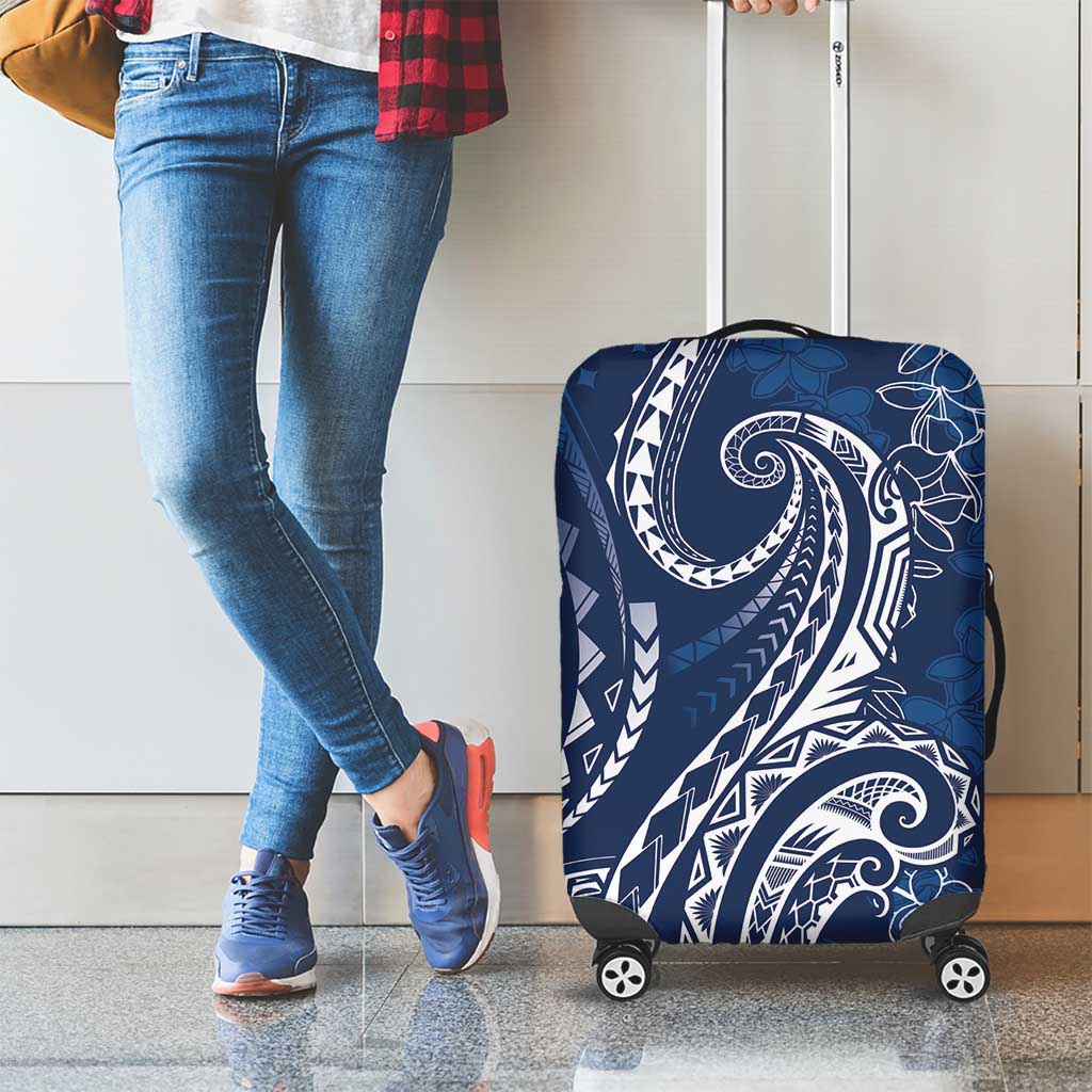 Polynesia Plumeria Lei Luggage Cover Navy Blue Curves Motif