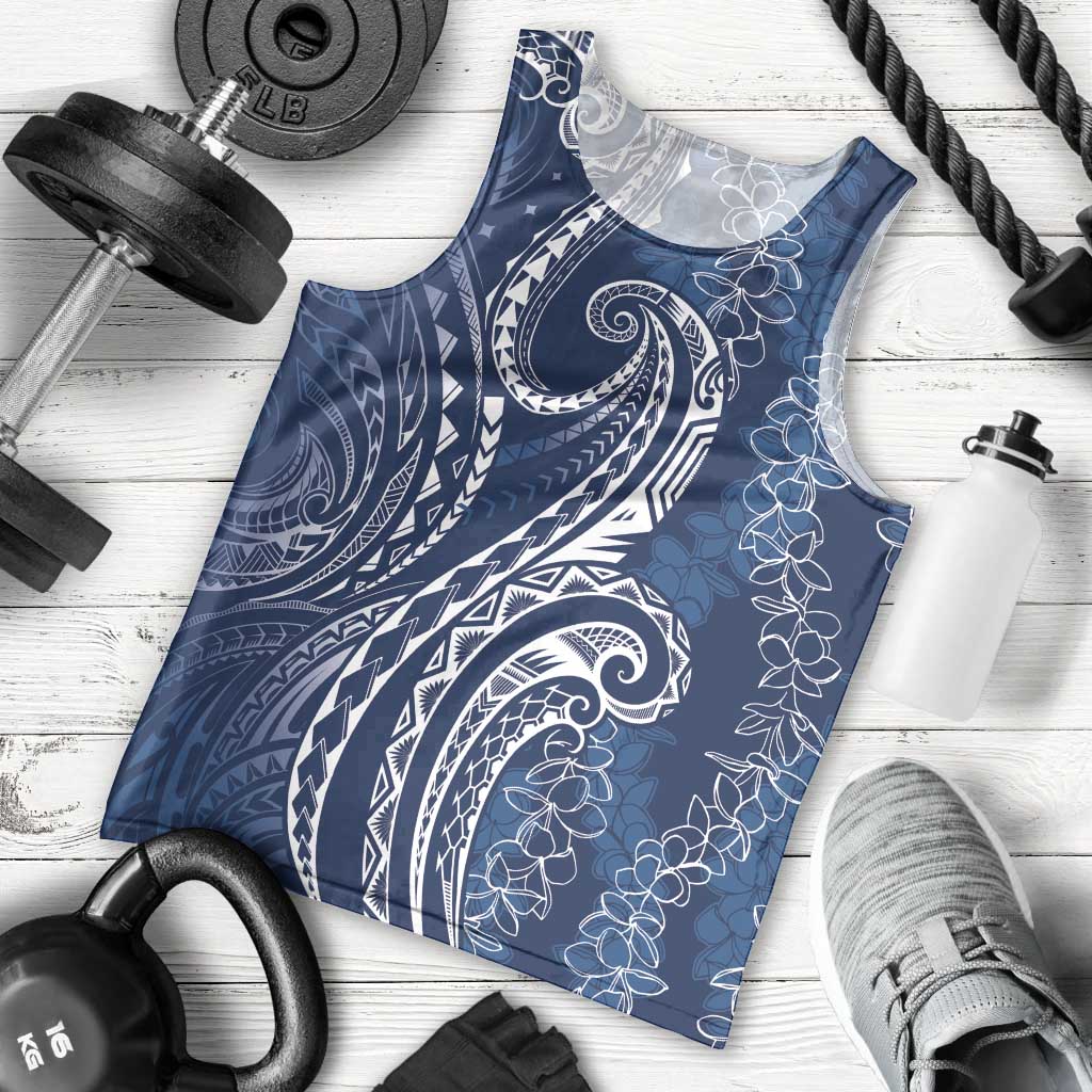 Polynesia Plumeria Lei Men Tank Top Navy Blue Curves Motif
