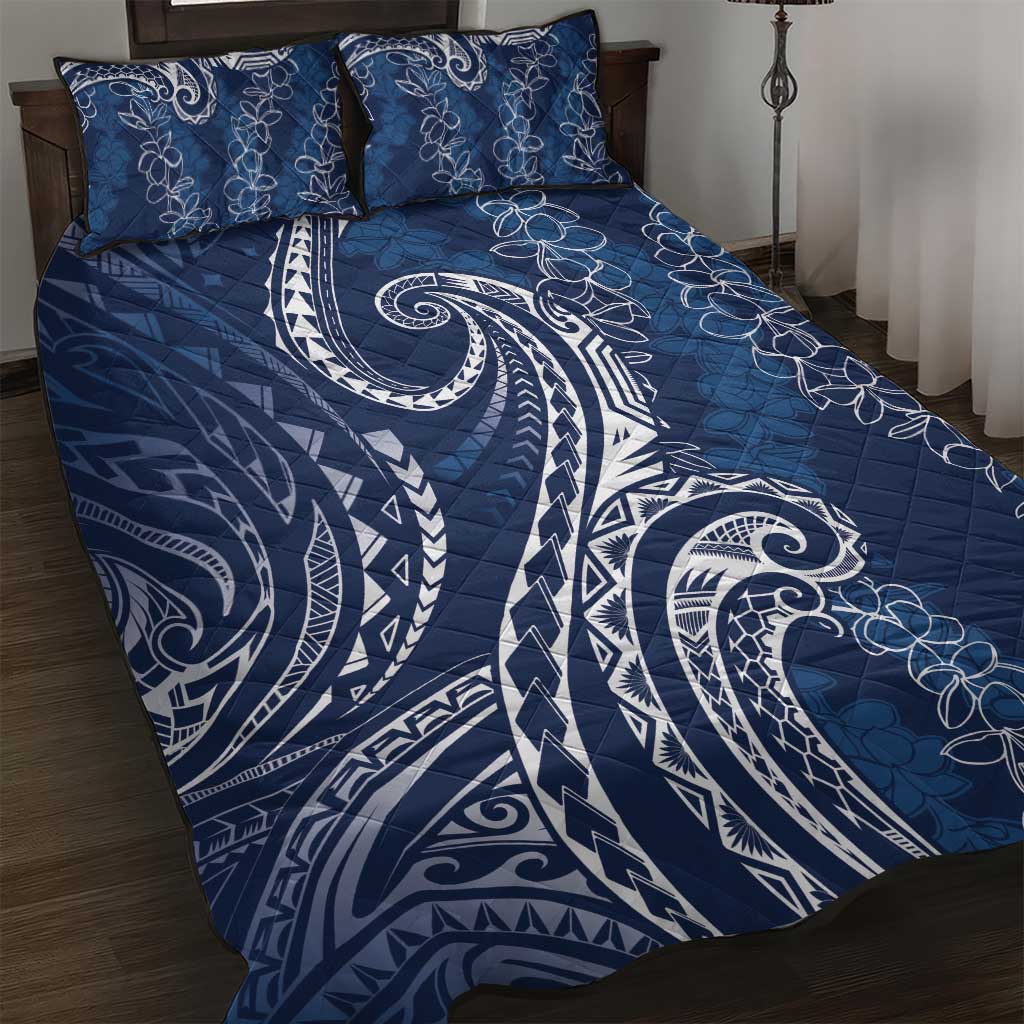 Polynesia Plumeria Lei Quilt Bed Set Navy Blue Curves Motif
