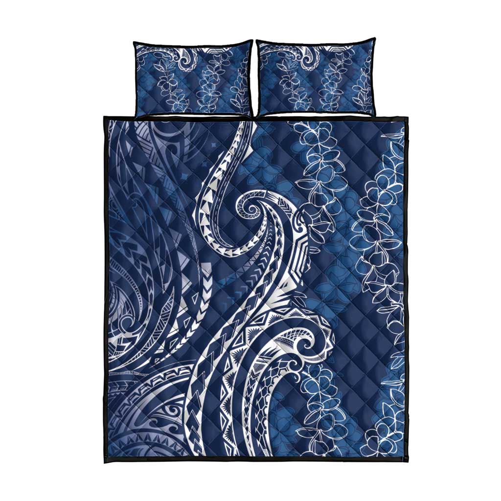 Polynesia Plumeria Lei Quilt Bed Set Navy Blue Curves Motif