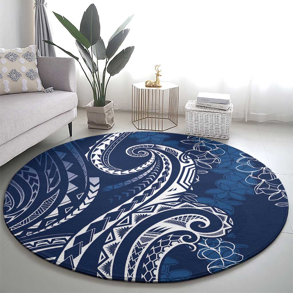 Polynesia Plumeria Lei Round Carpet Navy Blue Curves Motif