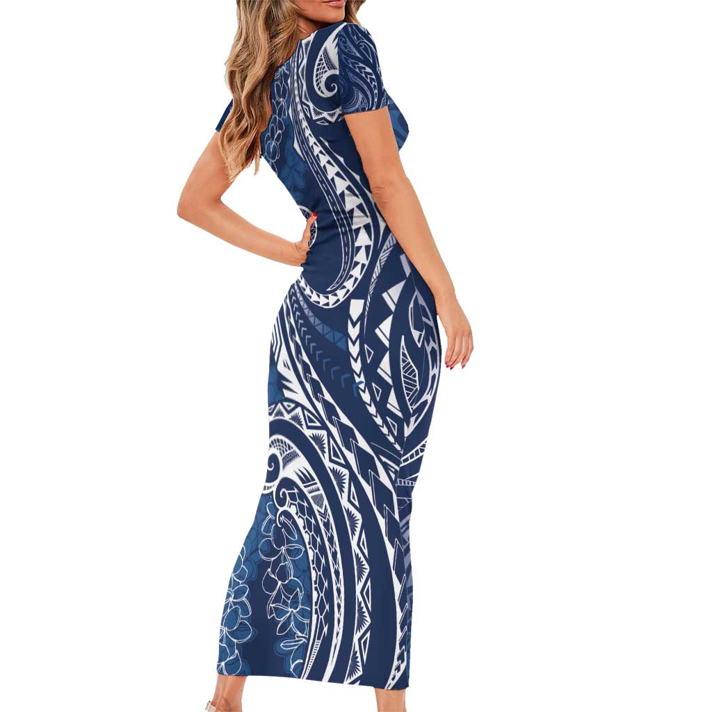 Polynesia Plumeria Lei Short Sleeve Bodycon Dress Navy Blue Curves Motif