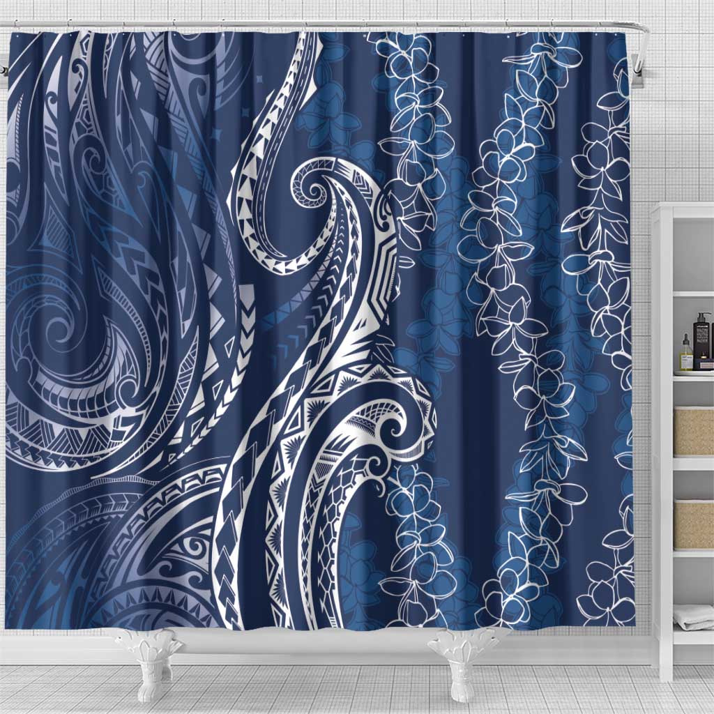 Polynesia Plumeria Lei Shower Curtain Navy Blue Curves Motif