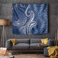 Polynesia Plumeria Lei Tapestry Navy Blue Curves Motif