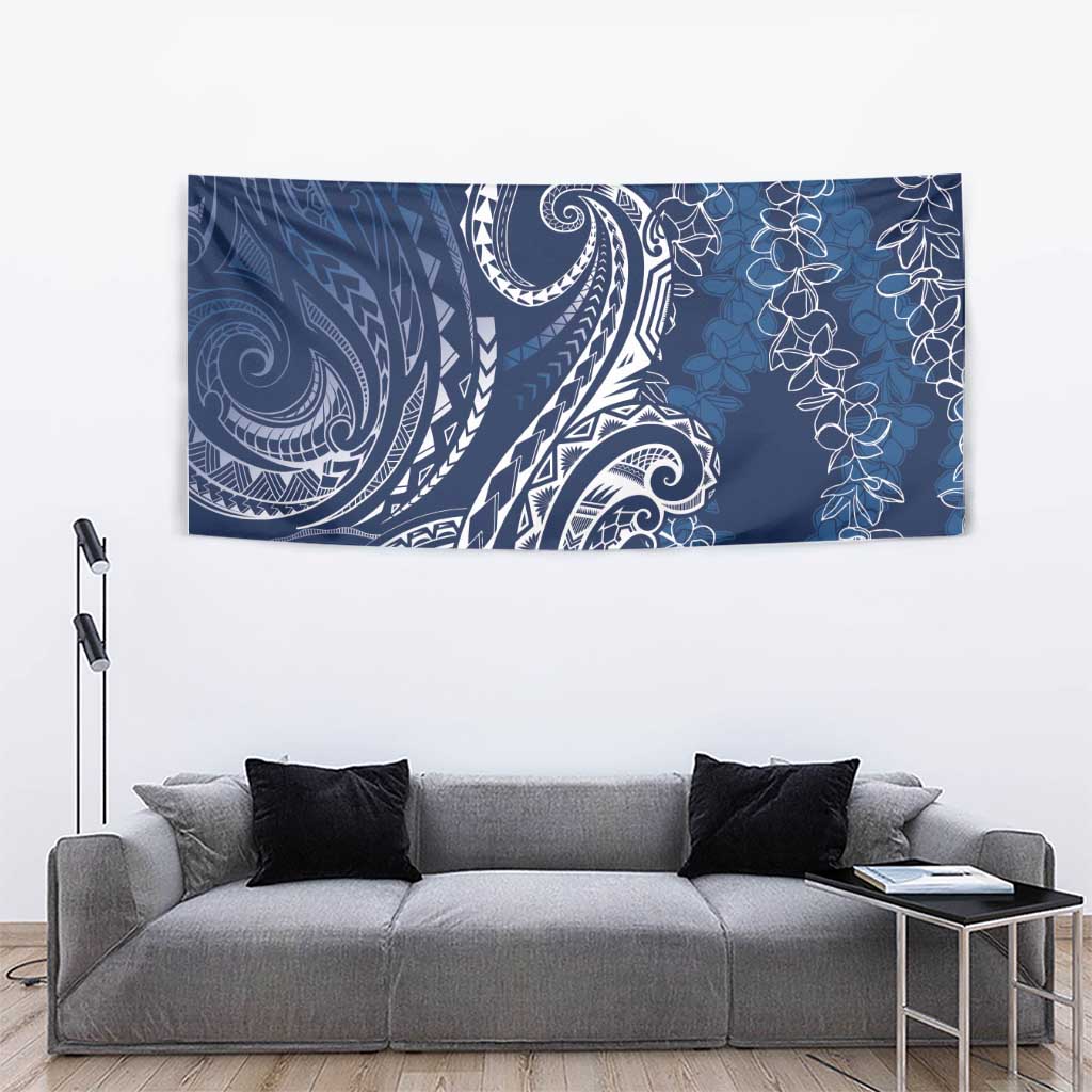 Polynesia Plumeria Lei Tapestry Navy Blue Curves Motif