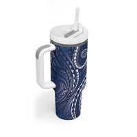 Polynesia Plumeria Lei Tumbler With Handle Navy Blue Curves Motif