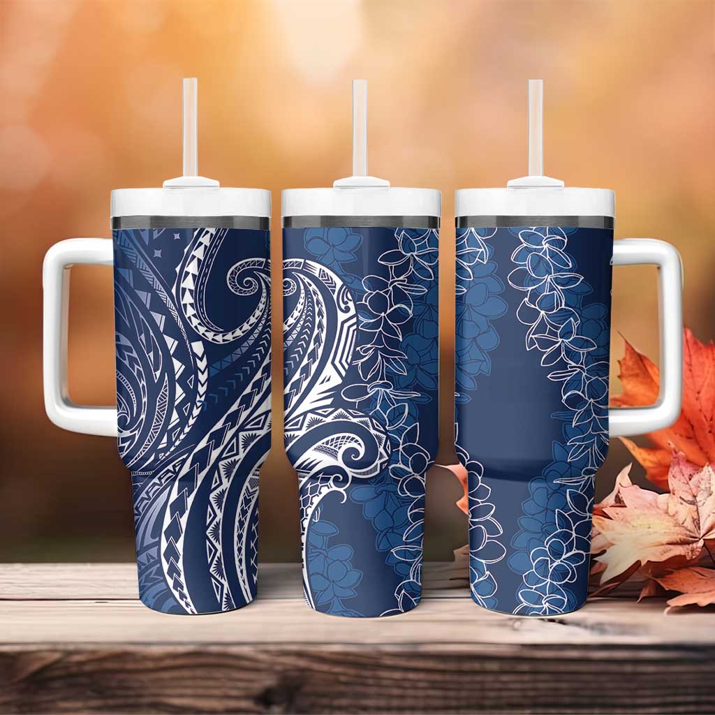 Polynesia Plumeria Lei Tumbler With Handle Navy Blue Curves Motif